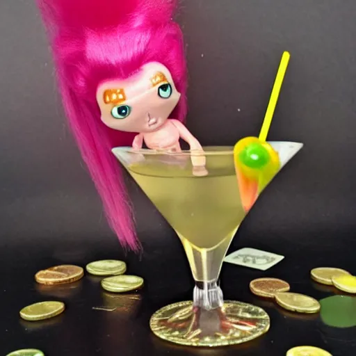 Image similar to 90s troll doll toy, surrounded by lots of money, and drinking a martini with high heels, and bright hair.