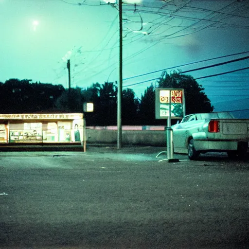 Image similar to it's night, the city is quiet, a car is parked at the last gas station at the edge of town, in the darkness eyes watch us, cinestill