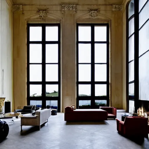 Image similar to giant Italian modern castle living room, clean minimalist design, that is 1300 feet tall, with very tall giant walls filled with modern art paintings, doors that are cosmic portals, photo by Annie Leibovitz