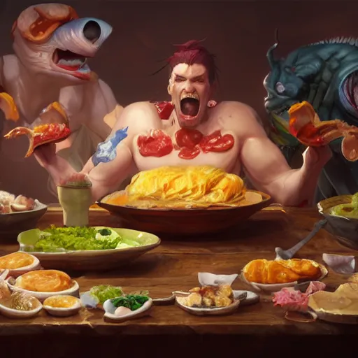 Image similar to A table-spread of amazing food hot and fresh, huggy wuggy from poppy playtime video game, fullbody, ultra high detailed, oil painting, Greg Rutkowski, Charlie Bowater, Yuumei, Yanjun Cheng, unreal 5, DAZ, hyperrealistic, octane render, RPG portrait, dynamic lighting, fantasy art, beautiful face