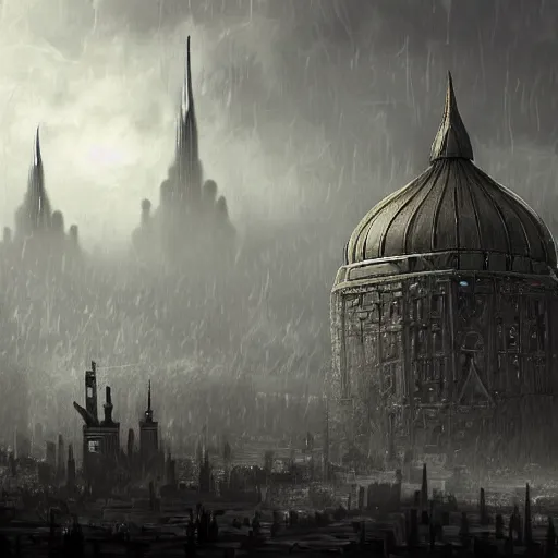 Prompt: Digital art, trending on Artstation, imperial russian warhammer 40k citadel black domes and tall radio spires, Dark and rainy mega city with towering walls built to block the migrants of the coming climate change migrant crisis showing piles of hundred bodies outside to maintain a quality of life for those who can survive the severe and deadly weather patterns observing small children targeted by advanced military style drones, dystopian, pbr render, concept art illustration, tilt shift background, wide depth of field, 8k, 35mm film grain