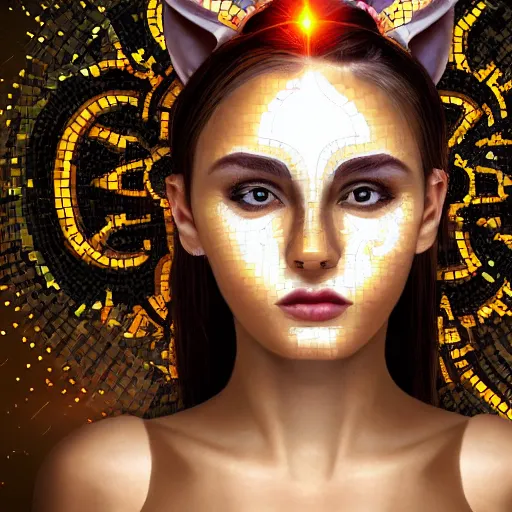 Image similar to portrait mosaic of a beautiful cute girl with robot ears and eyes, 4k, intricate details, digital, sun in the background