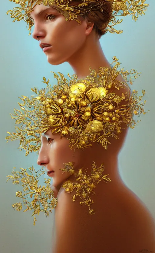 Prompt: a gold mucha oil painting hyperrealism of a beautiful woman on a white background, flowers, in a gold robe, floral headdress, 8 k resolution, octane render, trending on artstation, by gediminas pranckevicius, volumetric light 2 blue fractal thunder glow by dan mumford, anaglyph effect, laurie lipton