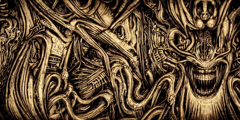Prompt: the worst nightmare of h. r. giger, symmetrical, clear, focus, dof, underworld, hellish, esoteric, occult, secret