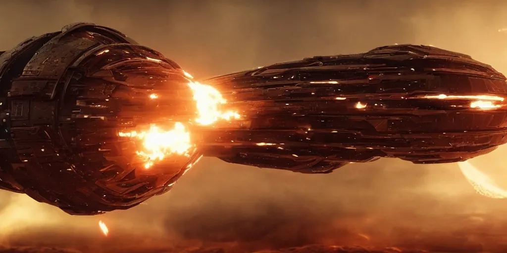 Prompt: exploding spaceship from the movie dune, 2 0 2 1 cinematic 4 k framegrab, intricate abstract spaceship floating, lots of explosions all over the spaceships