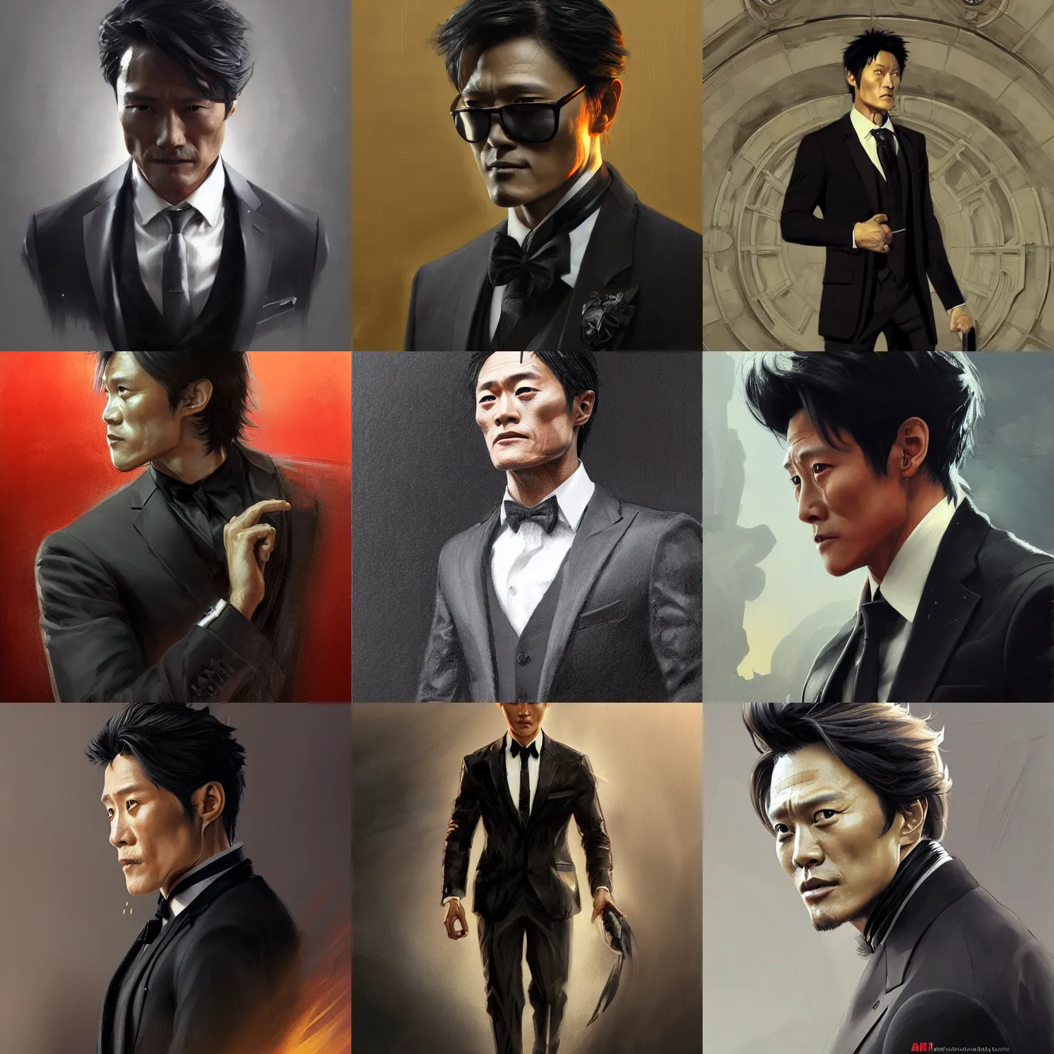 Prompt: man wearing a black suit, lee byung-hun, painted character portrait, highly detailed, digital painting, artstation, concept art, sharp focus, illustration, art by artgerm and greg rutkowski and alphonse mucha