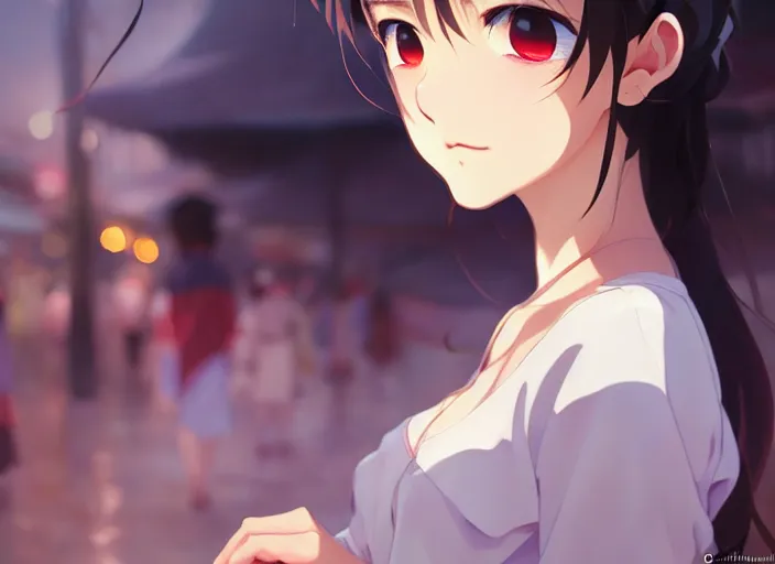 Image similar to a film still portrait of a very beautiful girl, finely detailed features, closeup at the faces, perfect art, at a market, night time,, gapmoe yandere grimdark, trending on pixiv fanbox, painted by greg rutkowski makoto shinkai takashi takeuchi studio ghibli, akihiko yoshida