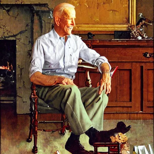 Image similar to a portrait painting by Norman Rockwell of Joe Biden sitting in a chair. Cozy fire. Legs crossed