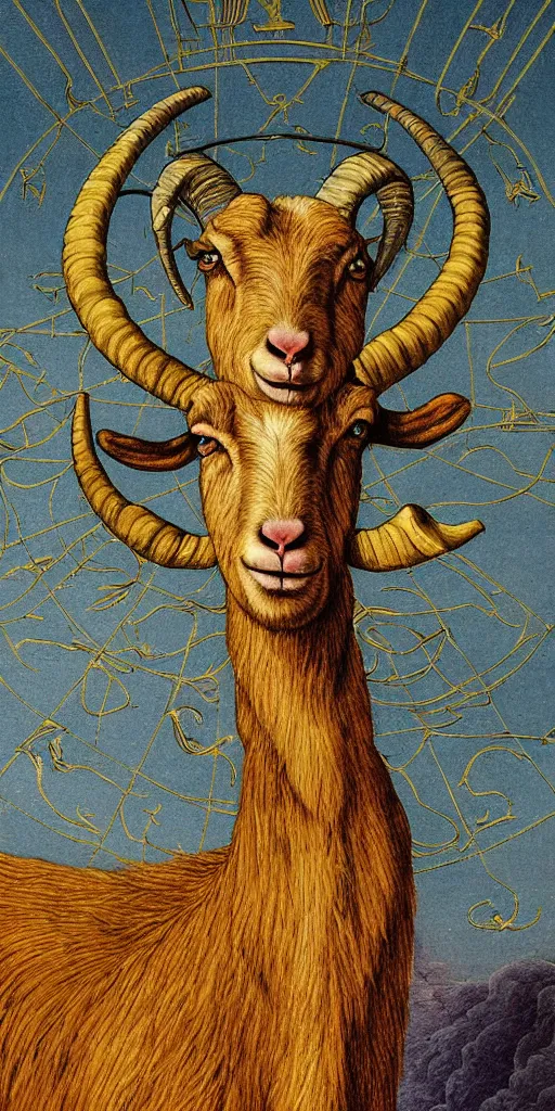 Prompt: tarot card of a goat, capricorn envisioned by johfra bosschart sky realistic stormcloud with glimpses of flares