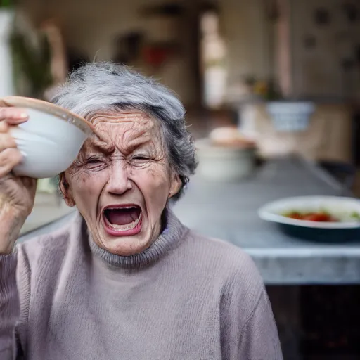 Image similar to elderly woman screaming at soup, canon eos r 3, f / 1. 4, iso 2 0 0, 1 / 1 6 0 s, 8 k, raw, unedited, symmetrical balance, wide angle