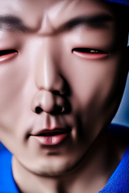 Prompt: high quality close-up photo very expressive biomechanic chinese man highly detailed eric zener elson peter cinematic blue lighting high angle hd 8k sharp shallow depth of field