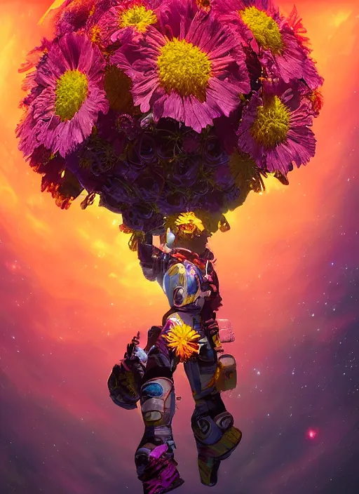 Image similar to An epic fantastic realism comic book style painting of the most beautiful flowers launched into space, bouquets, fisheye lens, unreal 5, DAZ, hyperrealistic, stars in the night sky, octane render, dynamic lighting