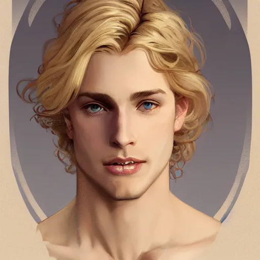 Image similar to A pregnant blond androgynous prince with closed eyes smiling, very detailed sharp angular masculine face, hooked nose and square jaw long fluffy curly blond hair, light blond hair, gorgeous, beautiful, intricate, highly detailed, digital painting, artstation, concept art, sharp focus, illustration, art by greg rutkowski and alphonse mucha