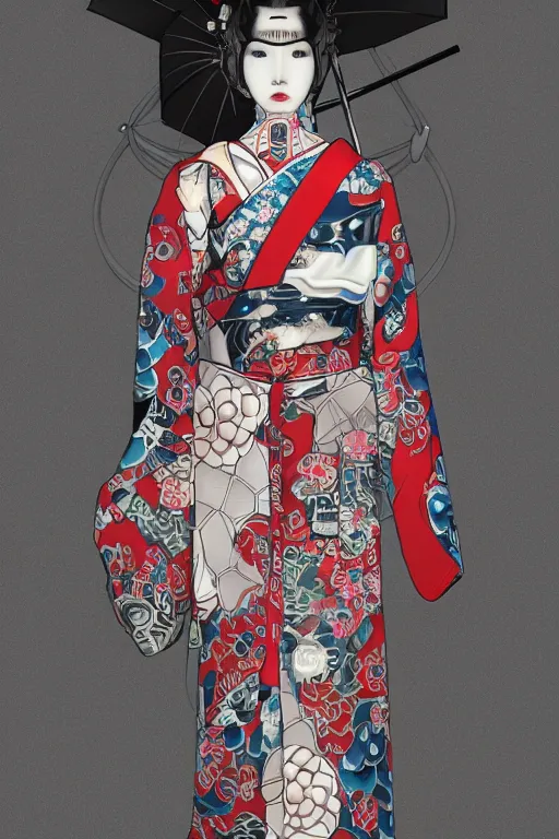 Image similar to full body portrait of a Japanese robot geisha with kanji tattoos and decals wearing a digital pixelated kimono, intricate design, photorealistic, ultra fine detailed, character design, trending on artstation