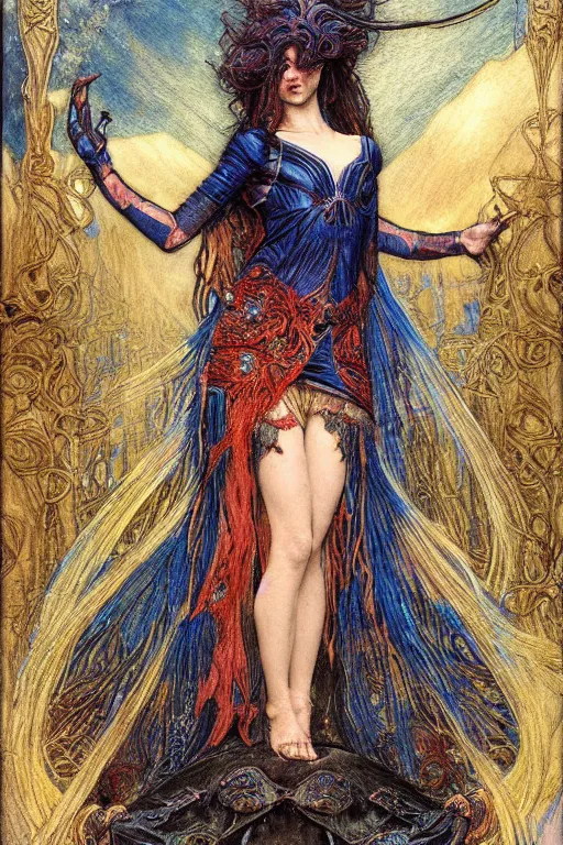 Prompt: gutterpunk goddess , by Annie Swynnerton and jean delville and Gaston Bussière and Tino Rodriguez, black leather and embroidered velvet, iridescent beetles, rich color, dramatic cinematic lighting, extremely detailed