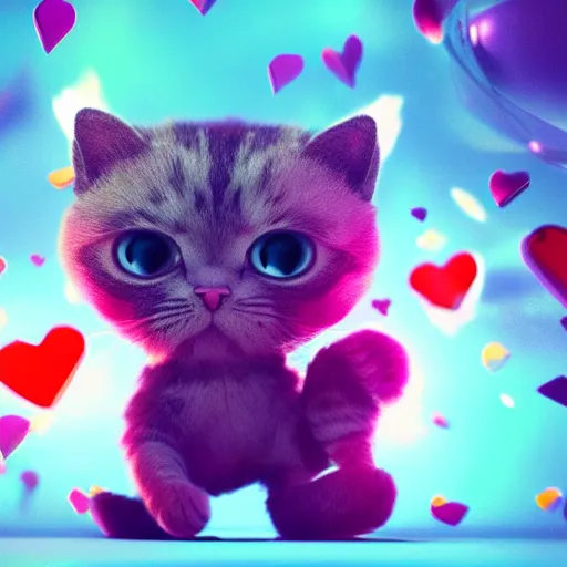 Image similar to an extremely cute cat made of hearts sending love to the quantum realm, octane render, happy colours