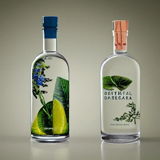 Prompt: botanical gin flavor packaging design, blog colours, summer vide, glass bottle, playful, craft, packaging design, front label and bottle