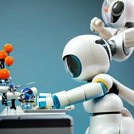 Image similar to photo of figma figures inside a diorama of a laboratory : : a cute female ball - jointed long - haired robot ( in the style of mega man ) is repairing computers. she is being helped by animal - shaped robots and abstract robots.