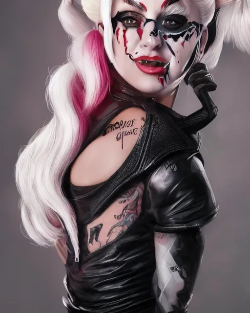 Image similar to 5 5 mm portrait photo of lady gaga as harley quinn. beautiful. magical atmosphere. art by artgerm and greg rutkowski. highly detailed 8 k. intricate. lifelike. soft light. nikon d 8 5 0.