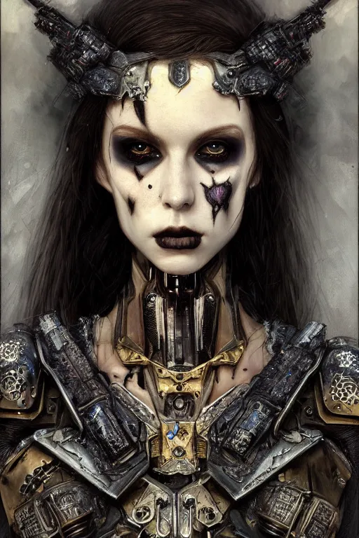 Image similar to portrait of beautiful young gothic maiden, cyberpunk armor, a lot of scars, warhammer, highly detailed, artstation, illustration, art by gustav klimt