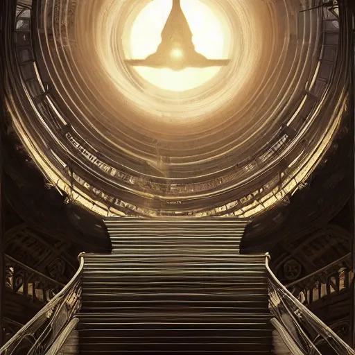 Image similar to big spiral stairways to heaven, inhabited on many levels, flying birds, shining light, strong perspective, clear geometry, architecture, glowing halo, fantasy, intricate, elegant, highly detailed, digital painting, artstation, concept art, smooth, sharp focus, art by anthony macbain + greg rutkowski + alphonse mucha, concept art, 4k, sharp focus, cinematic unreal engine