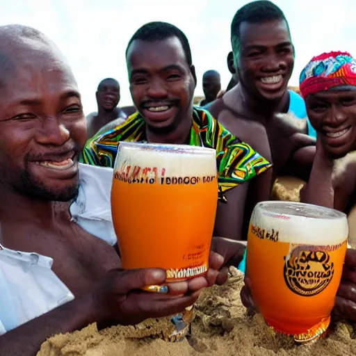 Image similar to bang man drinking bongo beer on tanzania on bongo beach dancing to bongo music Africa bongo people and love, realistic photo, surreal place