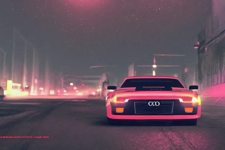 Image similar to widebody audi camaro b 1 ( 1 9 6 9 ), need for speed : carbon, at night, sci - fi, neon lines, phonk music background, smoke behind wheels, noise, dark, establishing shot, by simon stalenhag