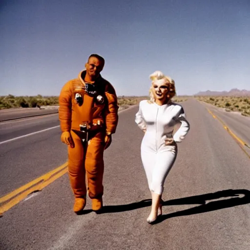 Image similar to marilyn monroe and astronaut walking across highway in arizona