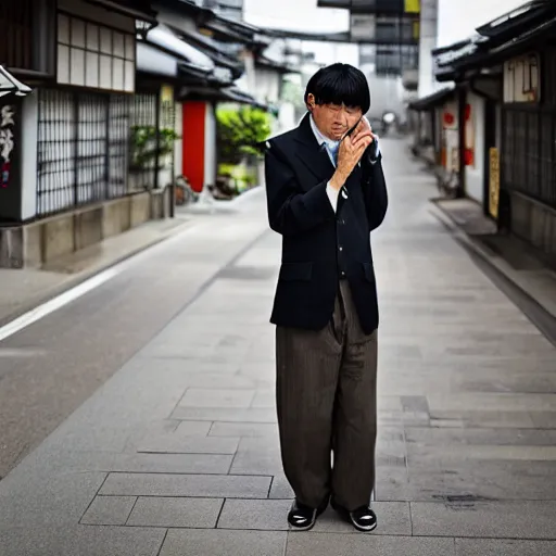 Prompt: A Japanese man using a black power, photo made by Slim Aarons, award winning, EOS-1D, f/1.4, ISO 200, 1/160s, 8K, RAW, unedited, symmetrical balance, in-frame