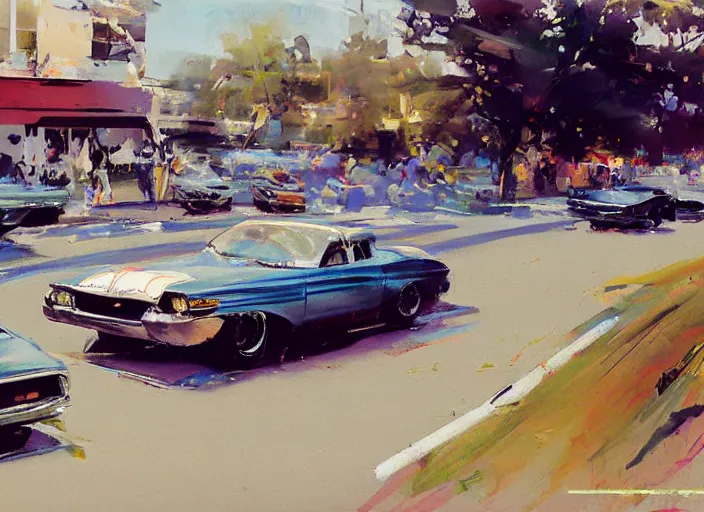 Prompt: 5 hotrods driving down a street , vintage, highly detailed, loose brush strokes, by John Berkey