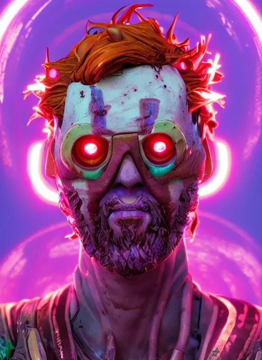 Image similar to glowwave portrait of curly orange hair man from borderlands 3, au naturel, hyper detailed, digital art, trending in artstation, cinematic lighting, studio quality, smooth render, unreal engine 5 rendered, octane rendered, art style by klimt and nixeu and ian sprigger and wlop and krenz cushart.