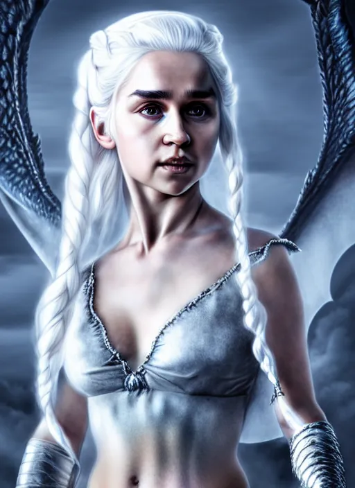 Image similar to photo of kerli koiv as daenerys targaryen in the style of stefan kostic, realistic, half body shot, sharp focus, 8 k high definition, insanely detailed, intricate, elegant, art by stanley lau and artgerm, foggy backgeound