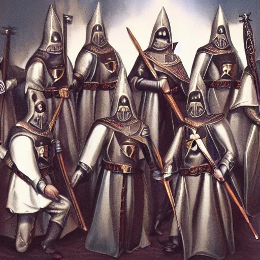 Image similar to award winning portrait photo of knights templar having a party, photorealistic