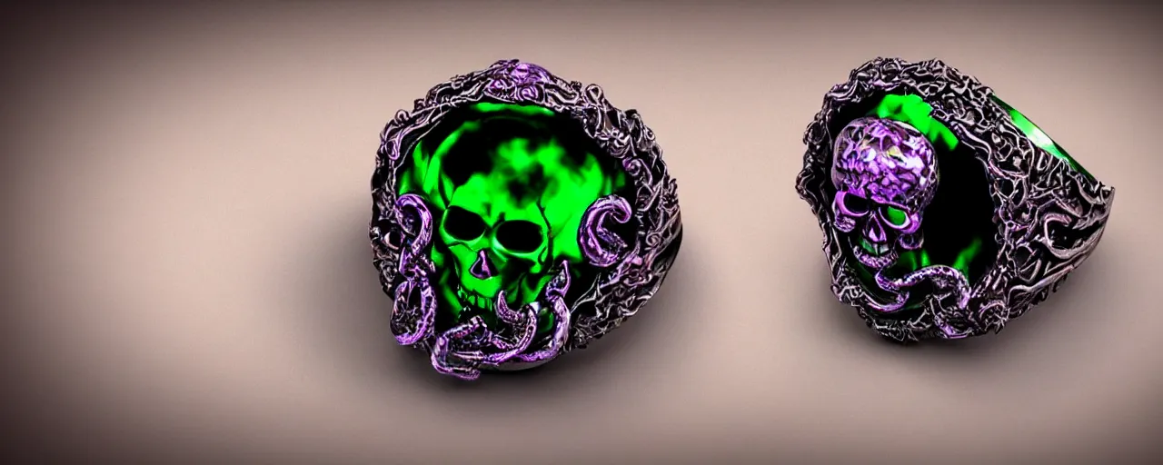 Image similar to simple magic ring of poison, ring, skull, tentacles, green, black, purple. smooth shank, crystals, engravings, product design, jewelry, colorful, art by gerald brom, greg rutkowski and artgerm, photo realism, unreal engine, c 4 d