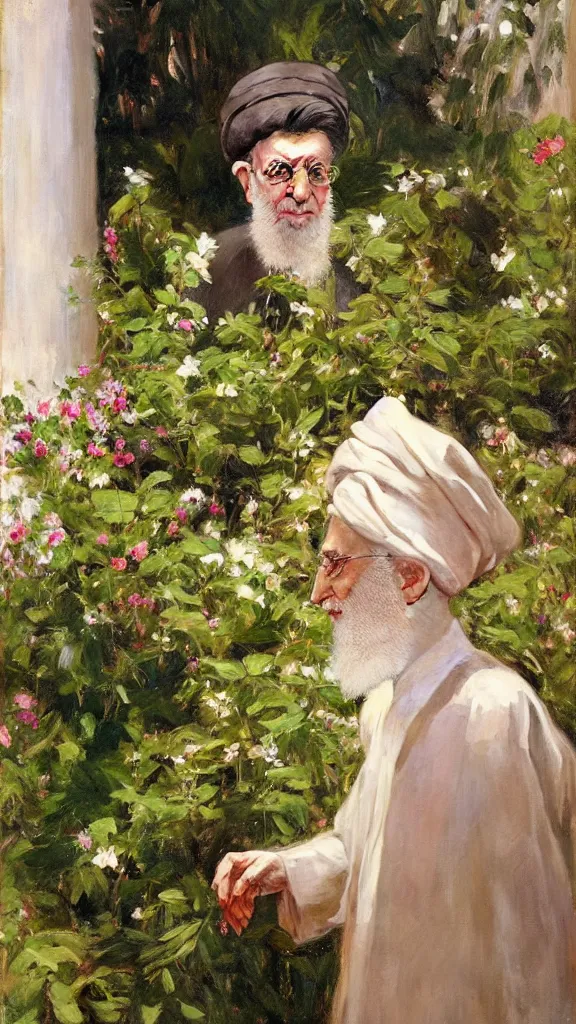 Image similar to an ali khamenei in botanical room by john singer sargent, cinematic, detailed