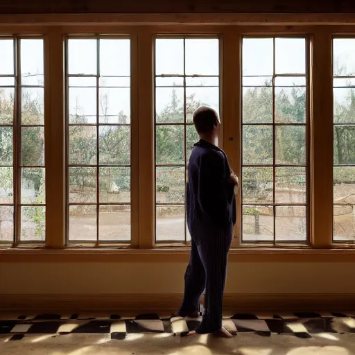 Image similar to person in pyjamas standing near window, turned back to camera, cinematography, sun rays, daylight, big french door window, big spatious room, carpet at the floor, wide shot 2 4 mm, anamorphic shot lens, walls at left and right sides, window at the center, wooden floor, modern, winter sun, photorealistic, high ceiling