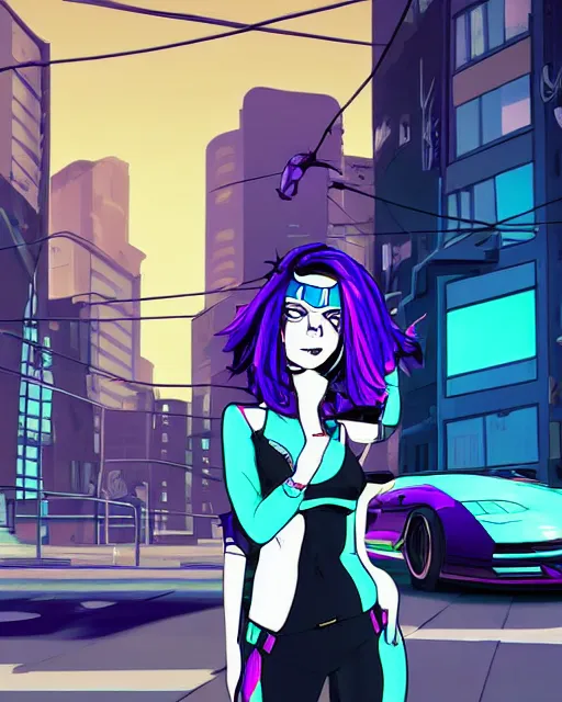 Image similar to cel shaded art of a pretty blue haired girl standing next to a purple lamborghinil, jet grind radio graphics, cyberpunk city street background