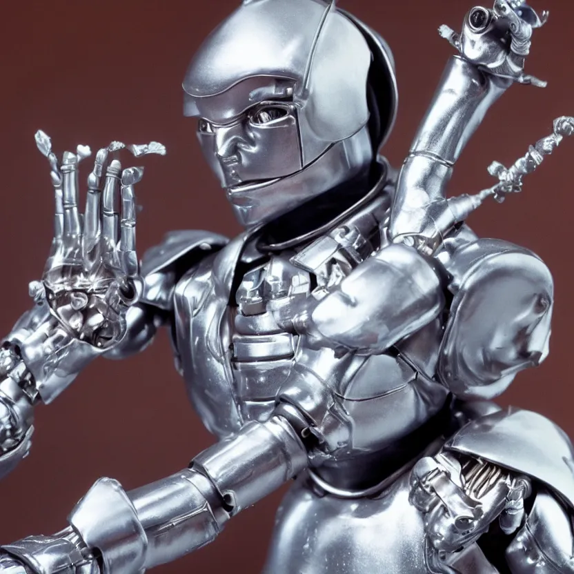 Image similar to extreme close - up of action figures futuristic cyborg tin man from the wiz buck rogers dune the movie, 4 k, highly detailed, award winning, look at all that detail!