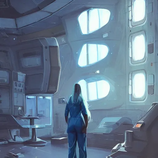 Image similar to concept art by greg rutkowski, a very tall, and slender blonde woman, wearing blue utilitarian jumpsuit, sitting in the spaceship command bridge, brutalist futuristic interior, dark lighting atmosphere, detailed portraits, nostalgic atmosphere, scifi, digital painting, artstation, concept art, smooth, sharp foccus ilustration, artstation hq