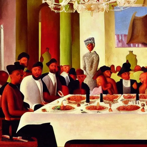 Image similar to president muhammadu buhari sitted at a lavish banquet with a large bastion of chicken minimalist solid background the great feast regal ornamental in the style of edward hooper and henri matisse oil painting