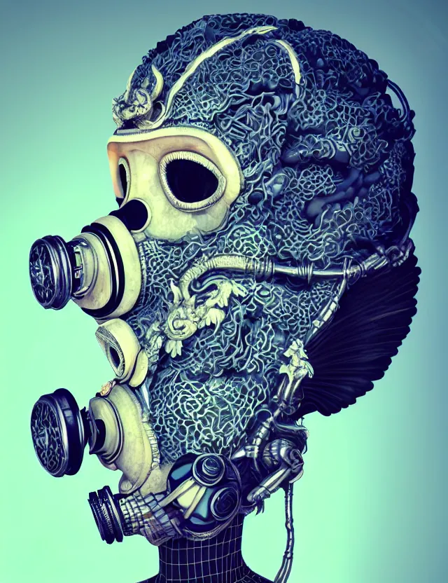 Image similar to 3 d goddess close - up profile portrait with vintage gas mask ram skull. beautiful intricately detailed japanese crow kitsune mask and clasical japanese kimono. betta fish, jellyfish phoenix, bio luminescent, plasma, ice, water, wind, creature, artwork by tooth wu and wlop and beeple and greg rutkowski