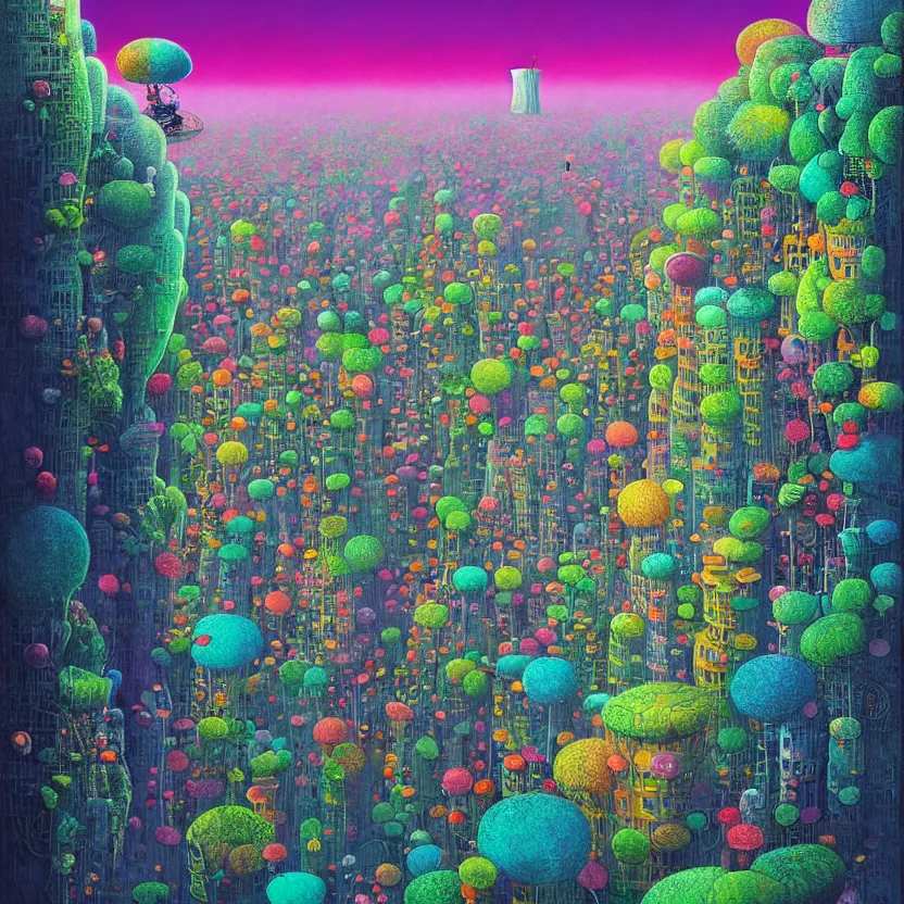 Image similar to surreal glimpse into other universe, mahanakorn tower, summer morning, very coherent and colorful high contrast, art by!!!! gediminas pranckevicius!!!!, geof darrow, floralpunk screen printing woodblock, dark shadows, hard lighting, stipple brush technique,