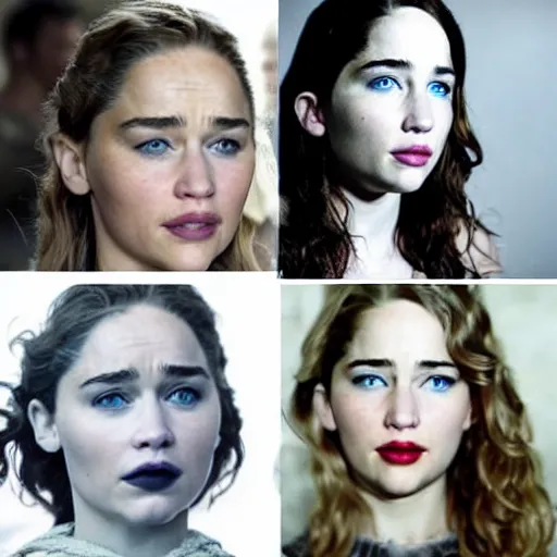 Image similar to a woman who is a genetic combination of 4 women : emilia clarke and jennifer lawrence and emily rudd and taylor swift, medium shot, detailed eyes,
