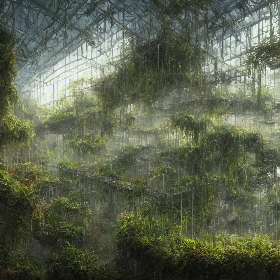 Prompt: a beautiful hyperrealistic detailed rendering a futuristic greenhouse biolab with overgrown bioluminescent plants, hazy lighting, by john howe, lee madgwick, hubert robert, epic scale ultrawide angle, deviantart, 4 k wallpaper, dawn, warm cinematic volumetric lighting, deep colors