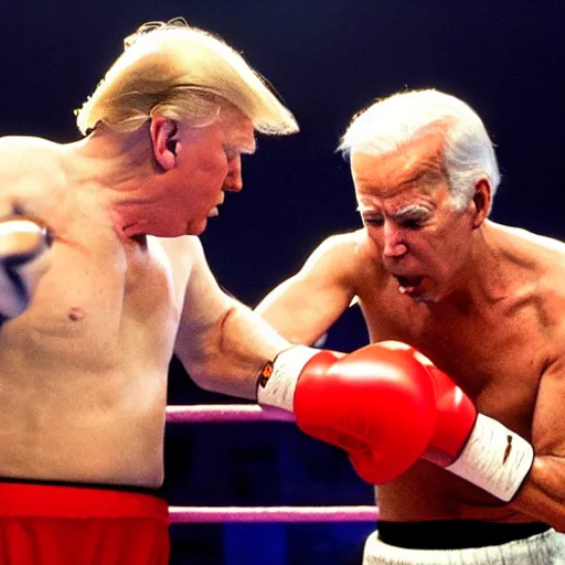 Image similar to a renaissance painting of donald trump and joe biden fighting in a boxing ring