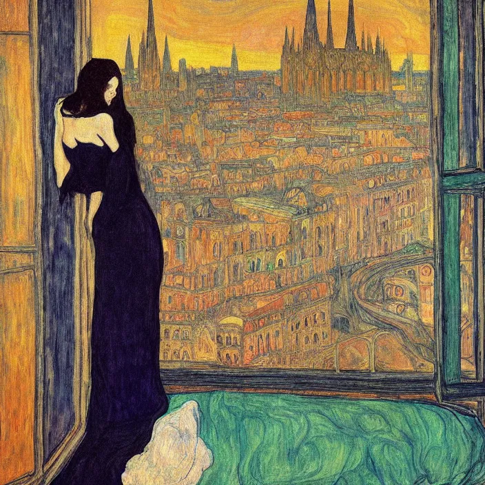 Image similar to woman in transparent vaporous night gown with demonic luminescent white apparition, with city with gothic cathedral seen from a window frame with curtains. nighe, vivid iridescent psychedelic colors, lamps. munch, egon schiele, bosch, bonnard, henri de toulouse - lautrec, utamaro, monet, agnes pelton