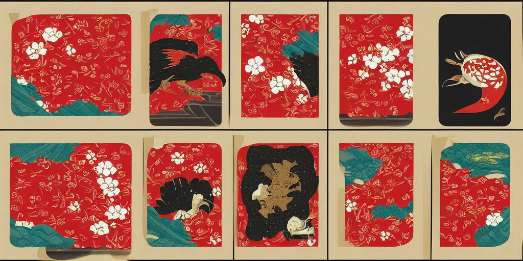 Image similar to hanafuda, 4 cards for january, matsu, trending on behance, concept art, stunning, matte