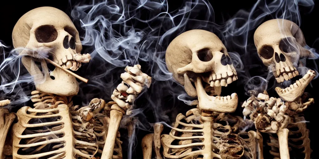 Prompt: Skeletons smoking cigars, with smoke visible