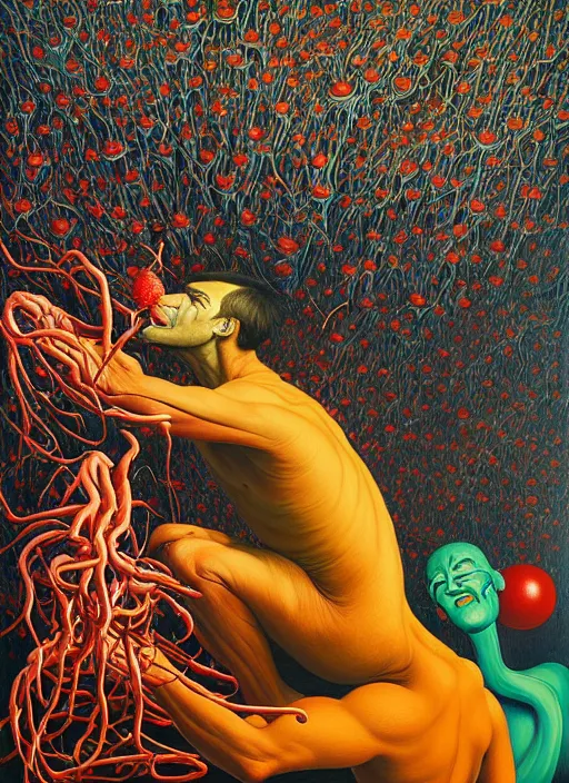 Image similar to hyper detailed Oil painting - Jimmy Carr Eats of the Strangling Fruit and His gossamer polyp blossoms bring iridescent fungal flowers whose spores black the foolish stars by Jacek Yerka, Mariusz Lewandowski, Abstract brush strokes, Masterpiece, Edward Hopper and James Gilleard, Zdzislaw Beksinski, Mark Ryden, Wolfgang Lettl, hints of Yayoi Kasuma