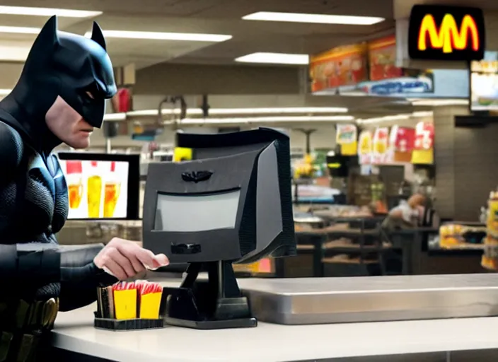 Image similar to film still of Batman working as a cashier at McDonalds in the new batman movie, 4k